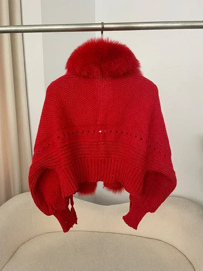 Knitted Cardigan Coat for Women with Real Fox Fur