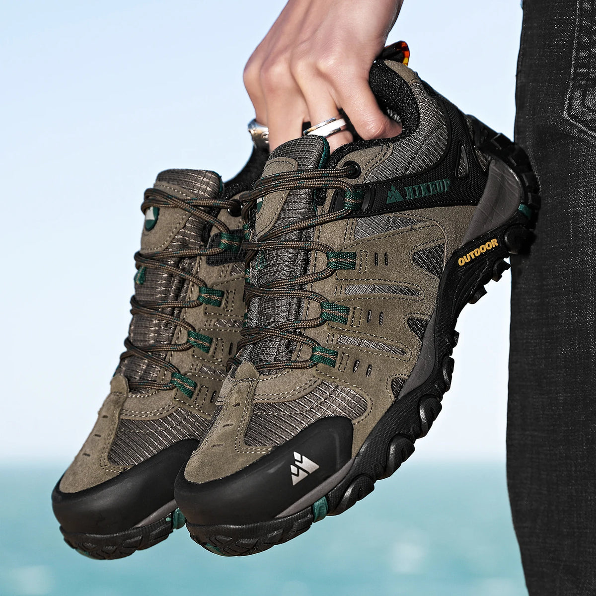 HIKEUP Men's Suede Leather Hiking Shoes Black Gray Khaki