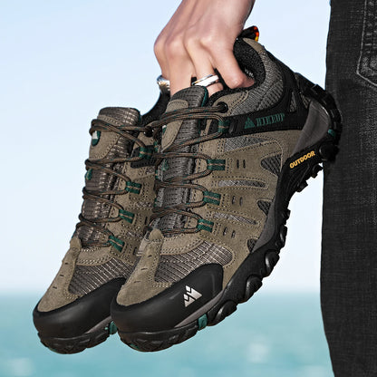 HIKEUP Men's Suede Leather Hiking Shoes Black Gray Khaki