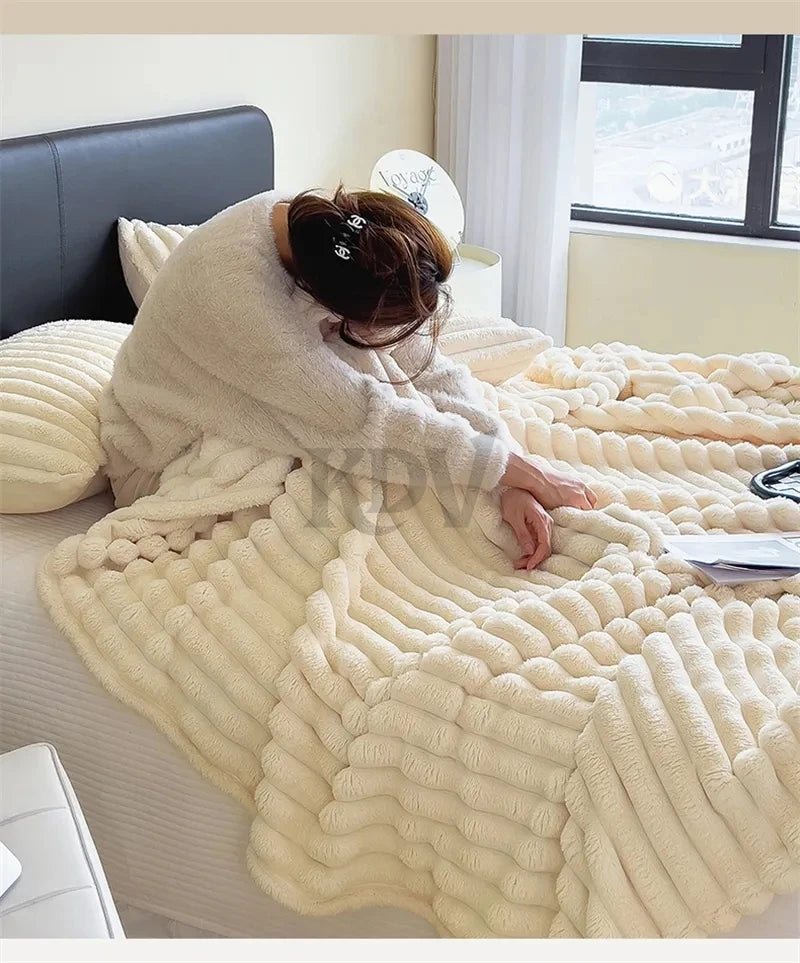 Luxury Faux Rabbit Fur Throw Blanket Solid Color Plush