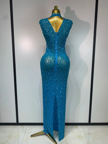 Gold Rhinestone Sleeveless Long Dress for Women