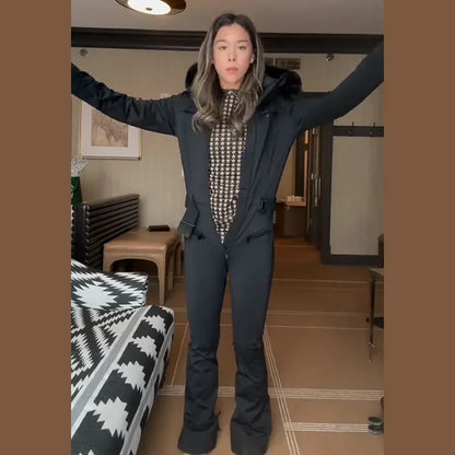 Faux Fur Hooded Women's Ski Jumpsuit with Zippers