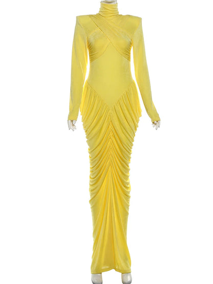 Maxi Dress Women Turtleneck Full Sleeve Backless