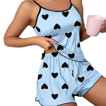 Women's Pink Heart Print Pajama Set Shorts Ice Silk