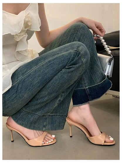 Thin High Heels Open Toe Slides Women Patent Leather Sandals
