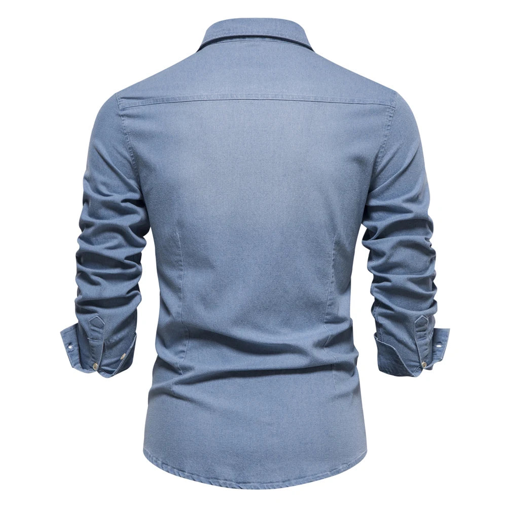 Elastic Cotton Denim Shirt Men Long Sleeve Casual