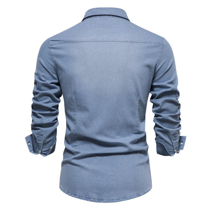 Elastic Cotton Denim Shirt Men Long Sleeve Casual