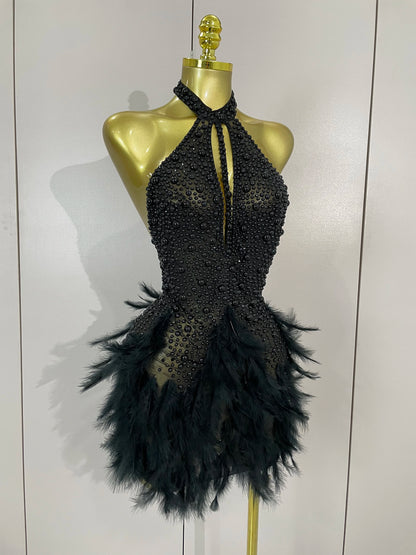 Luxury Rhinestones Pearls Feathers Halter Backless Dress