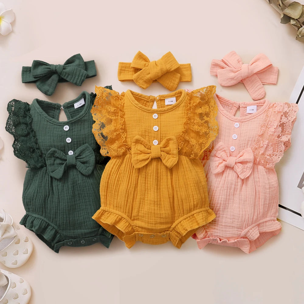 Newborn Girls Solid Color Lace Edge Romper and Headband