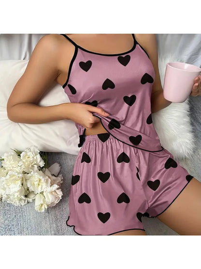 Women's Pink Heart Print Pajama Set Shorts Ice Silk