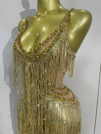 Sparkly Black Rhinestone Fringe Jumpsuit for Women