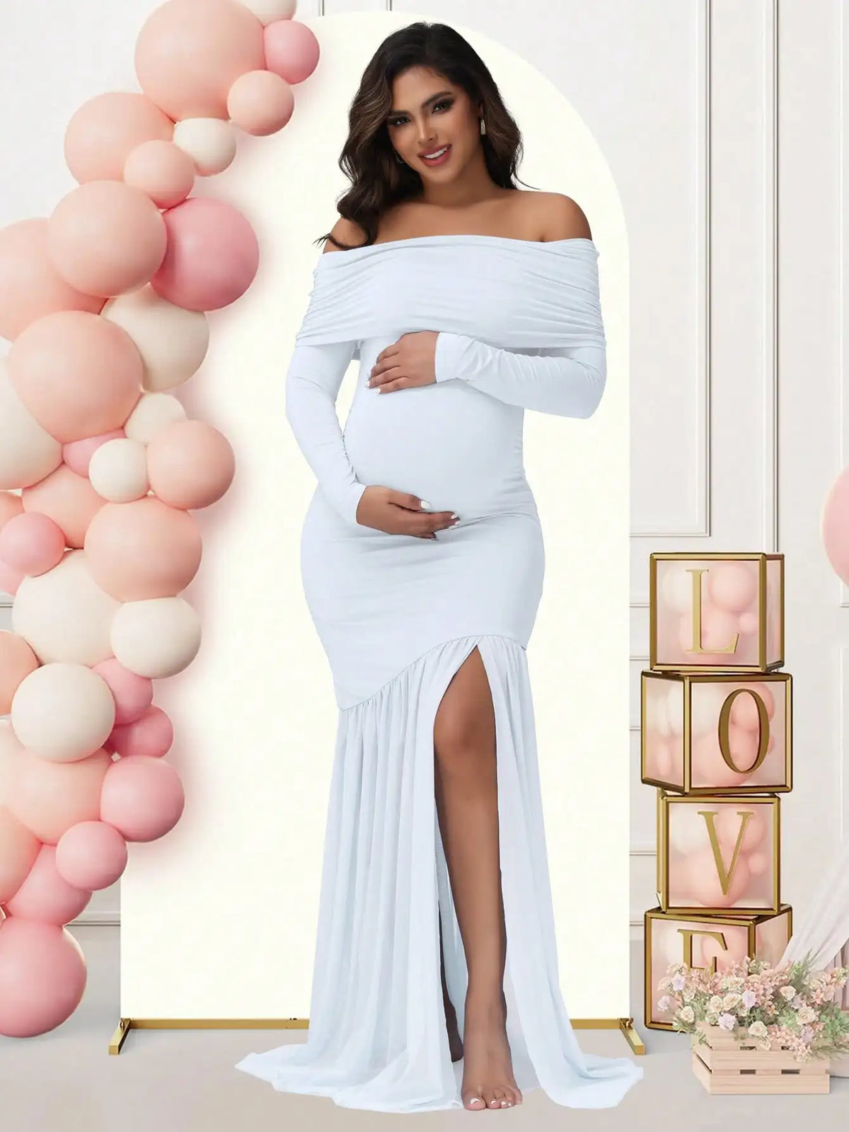 Elegant Off-Shoulder Maternity Dress with Slits