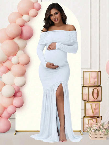 Elegant Off-Shoulder Maternity Dress with Slits