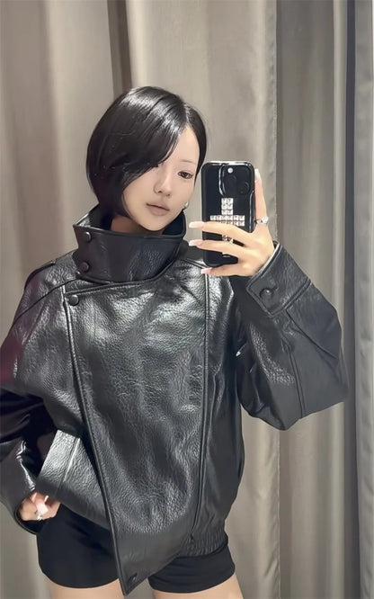 Black Long Sleeve Faux Leather Motorcycle Jacket