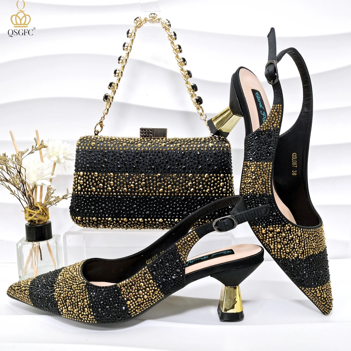 Italian Luxury Green Rhinestone Shoes and Bag Set