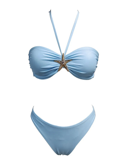 Sky Blue Starfish Ornament Bandeau Bikini Set
