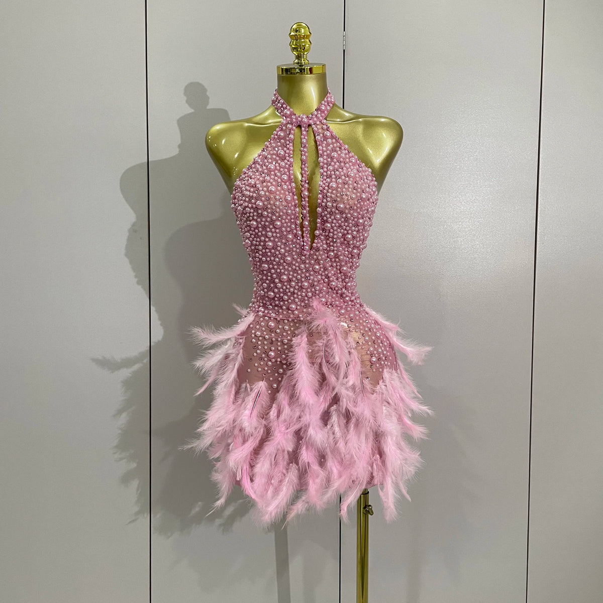 Luxury Rhinestones Pearls Feathers Halter Backless Dress