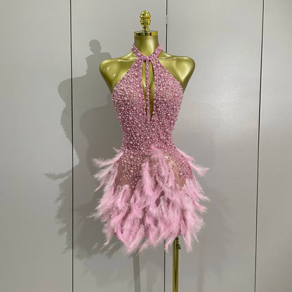 Luxury Rhinestones Pearls Feathers Halter Backless Dress