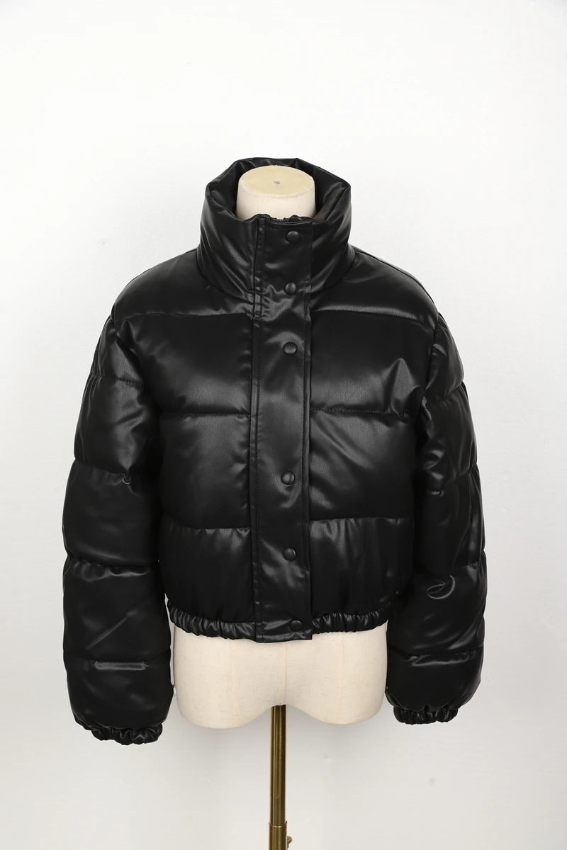 Black PU Leather Women's Winter Parka Jacket