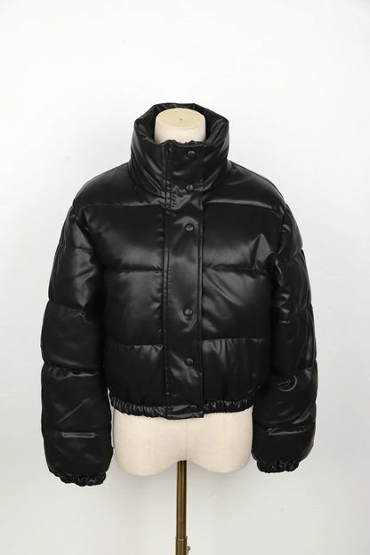 Black PU Leather Women's Winter Parka Jacket