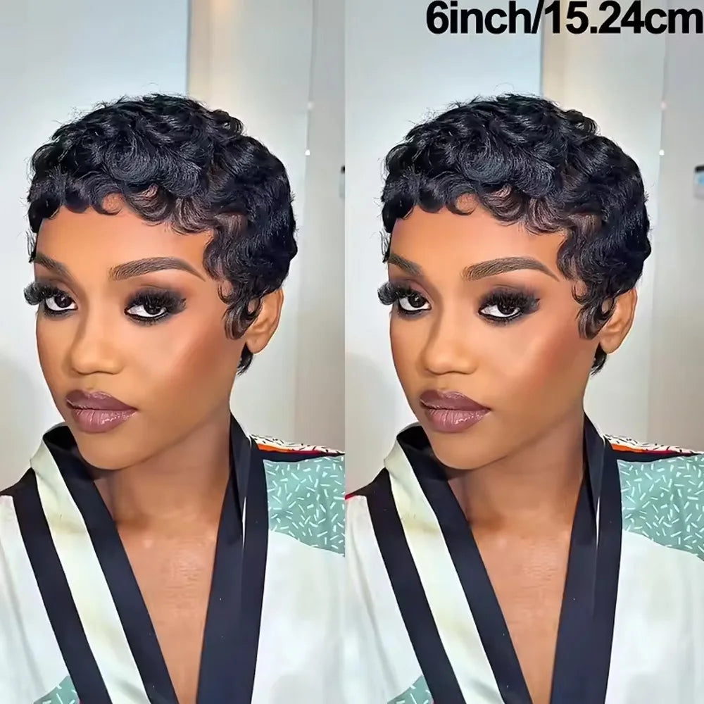 Short Layered Curly Pixie Cut Wig Natural Black