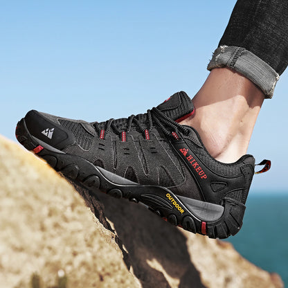 HIKEUP Men's Suede Leather Hiking Shoes Black Gray Khaki