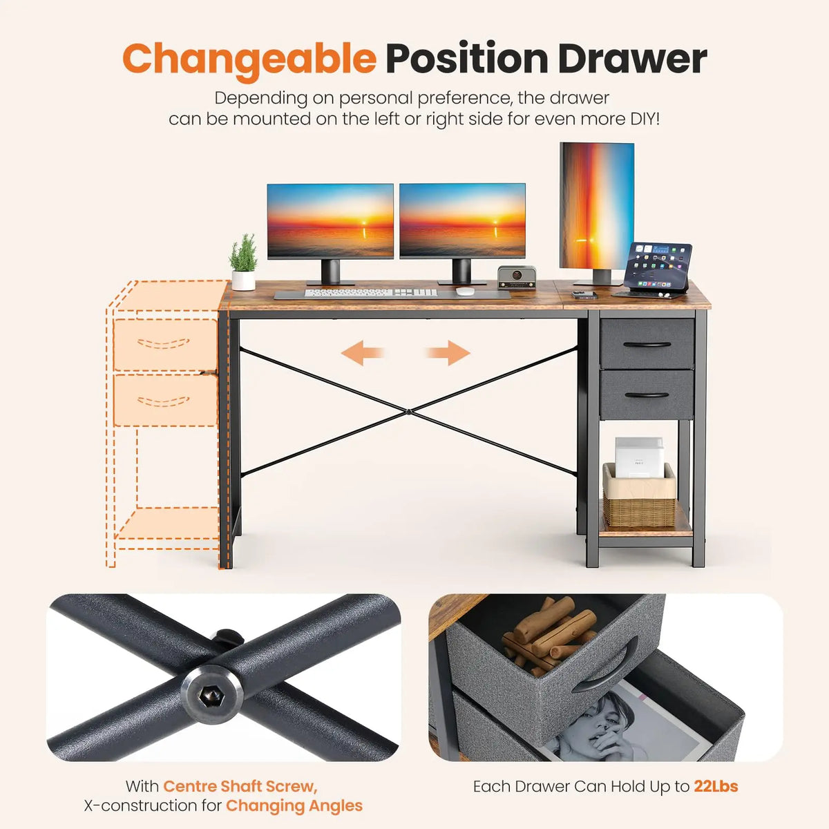 JHK 47 Inch Wood Computer Desk with 2 Drawers