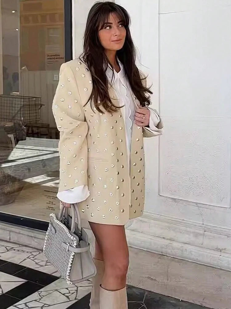 Beige Rivet Decoration Casual Blazer for Women