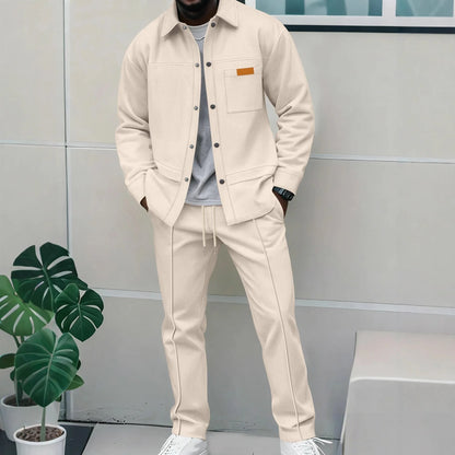 Men's Casual Waffle Pocket Jacket Set in Polyester
