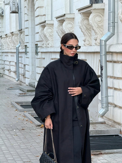 Green Oversized Belt Overcoat Women Long Sleeve Windbreaker