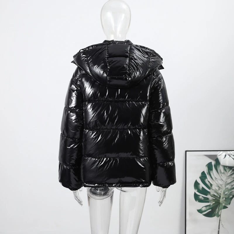 Solid Glossy Zipper Hooded Coat Women's Cotton Jacket