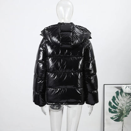 Solid Glossy Zipper Hooded Coat Women's Cotton Jacket