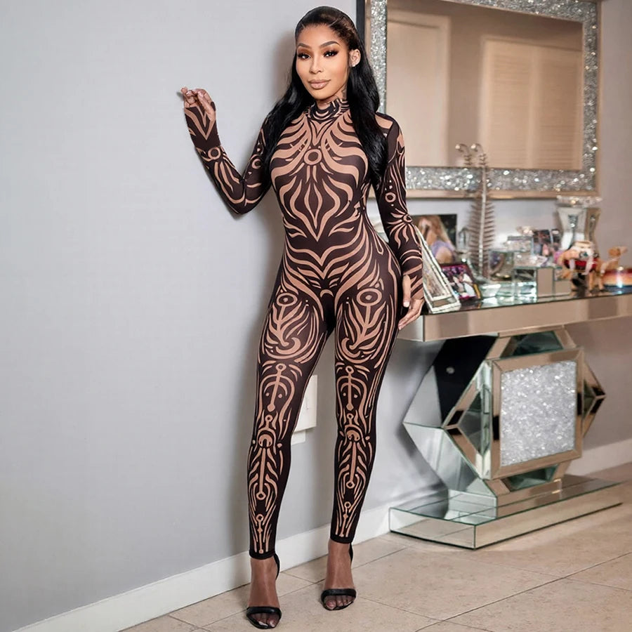 Striped Print Turtleneck Jumpsuit for Women