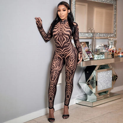 Striped Print Turtleneck Jumpsuit for Women