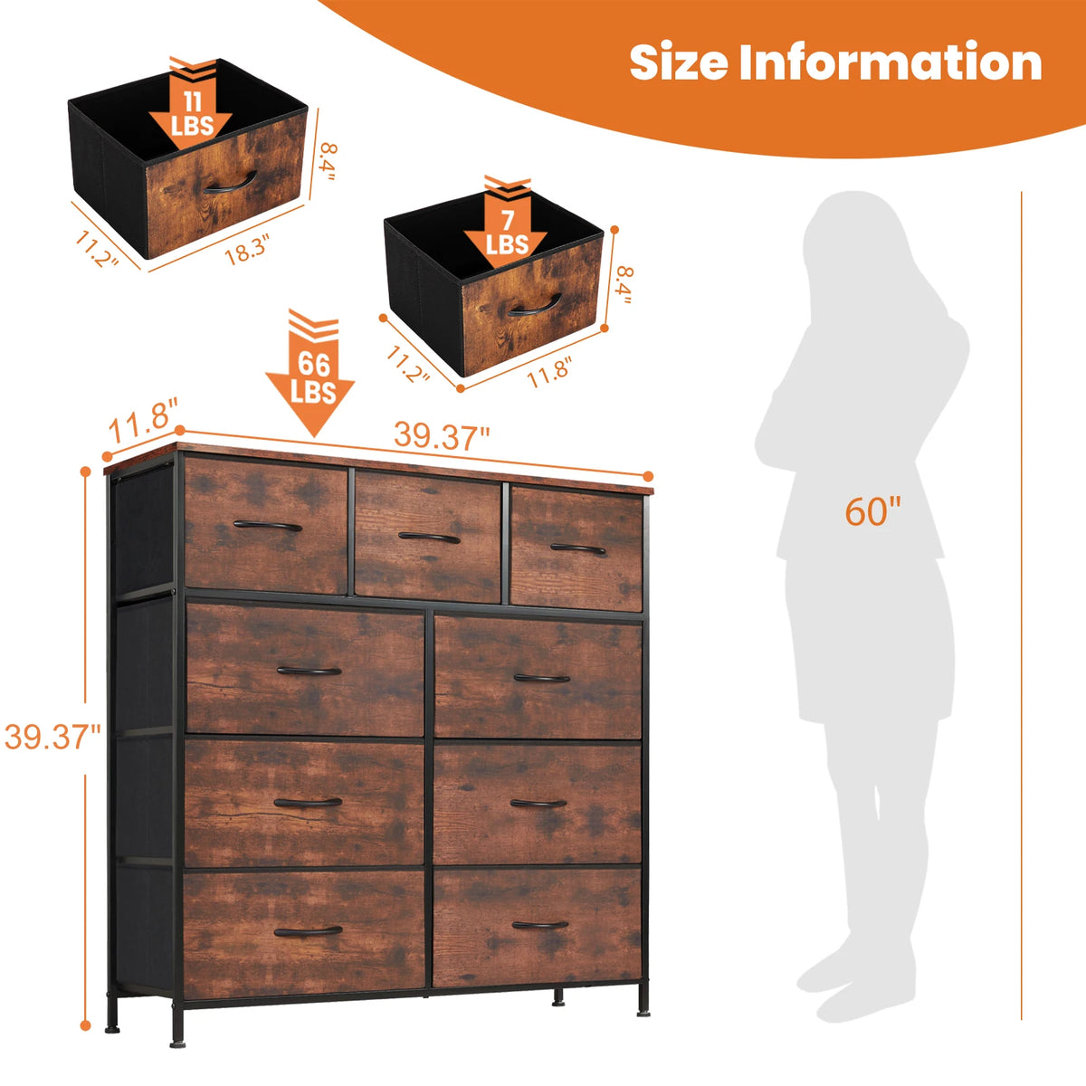 JHK Modern Fabric Dresser With 9 Storage Drawers