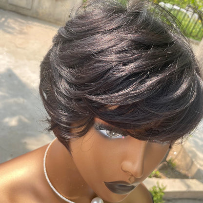 Short Pixie Cut Human Hair Wig with Bangs for Women