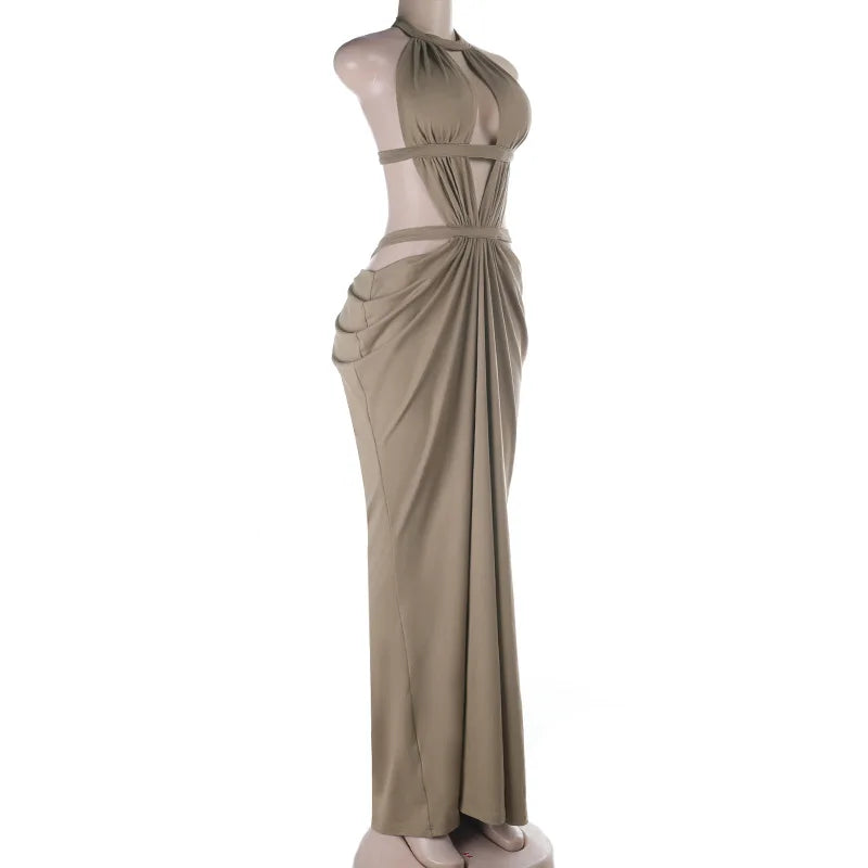 Khaki Halter Cut-Out Maxi Dress for Elegant Parties
