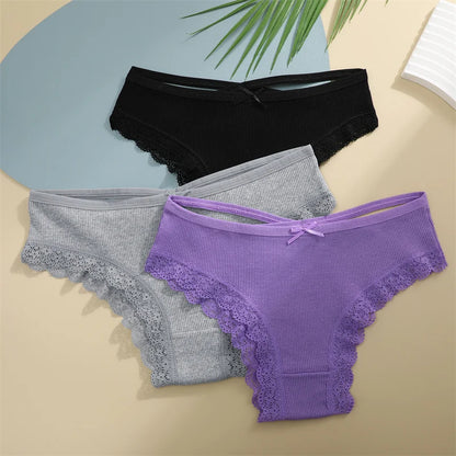 3PCS Women Cotton Lace Brazilian Panties Set S-XL