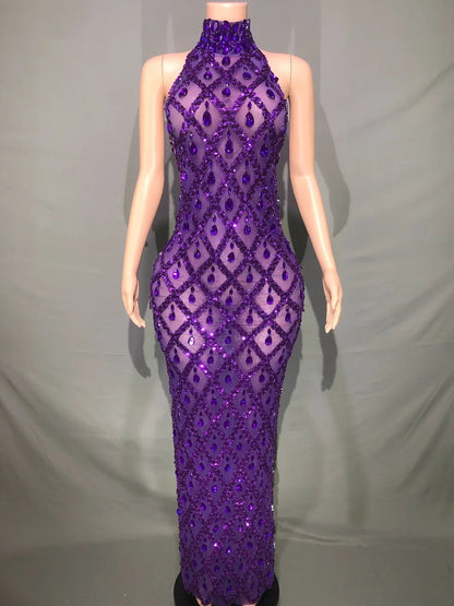 Sparkly Rhinestones Sleeveless Evening Dress for Women