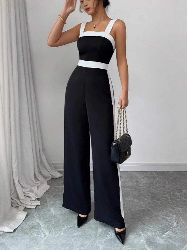 Women's Black White Square Neck Jumpsuit Polyester
