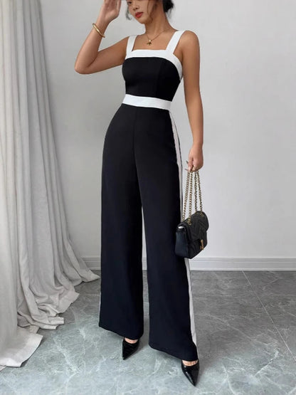 Women's Black White Square Neck Jumpsuit Polyester