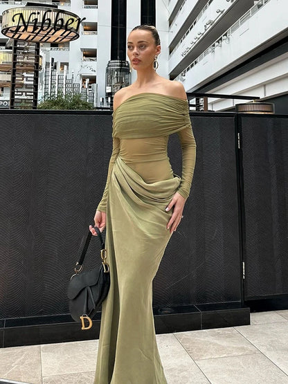 Elegant Slash Neck Ruched Mesh Dress for Women