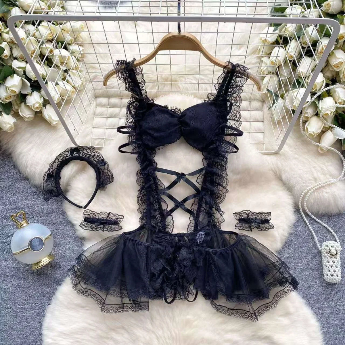 Women Transparent Lace Up Halter Bodysuit Romper