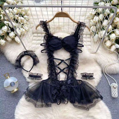 Women Transparent Lace Up Halter Bodysuit Romper