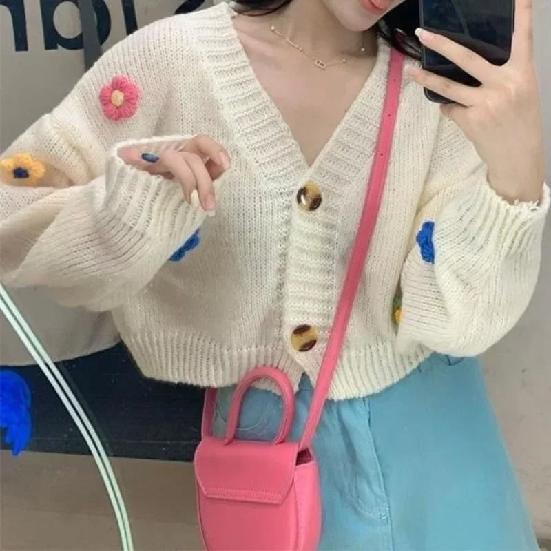 Applique Flower V-Neck Knit Cardigan for Women