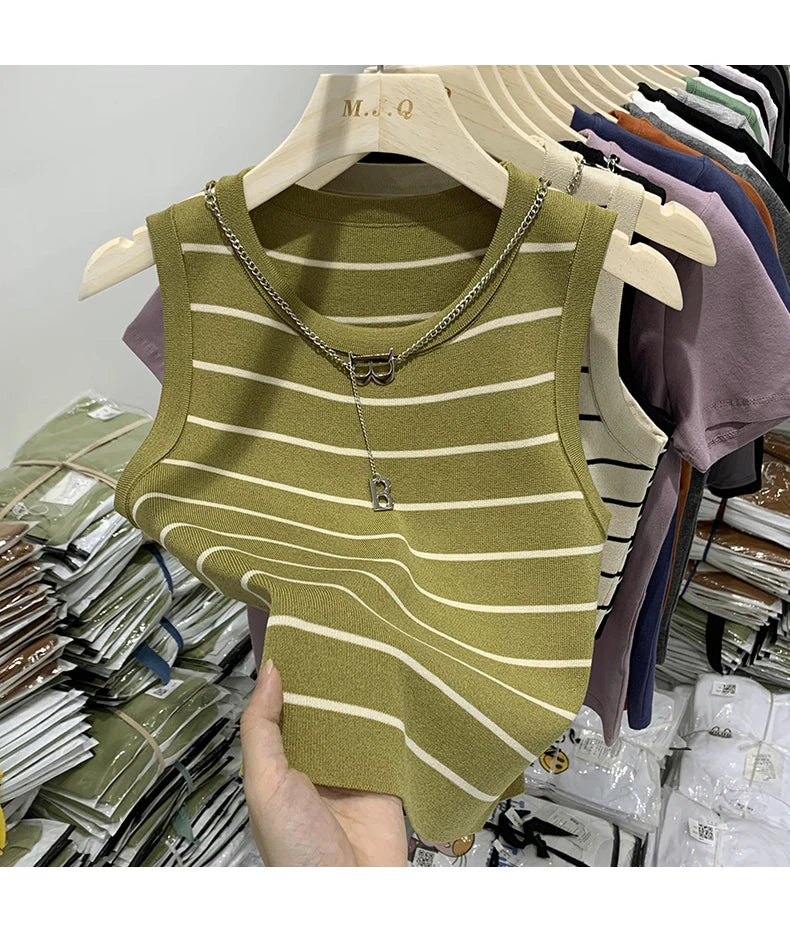 Striped Knit Sleeveless Waistcoat for Women