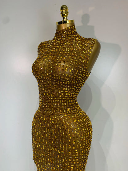 Gold Rhinestone Sleeveless Long Dress for Women