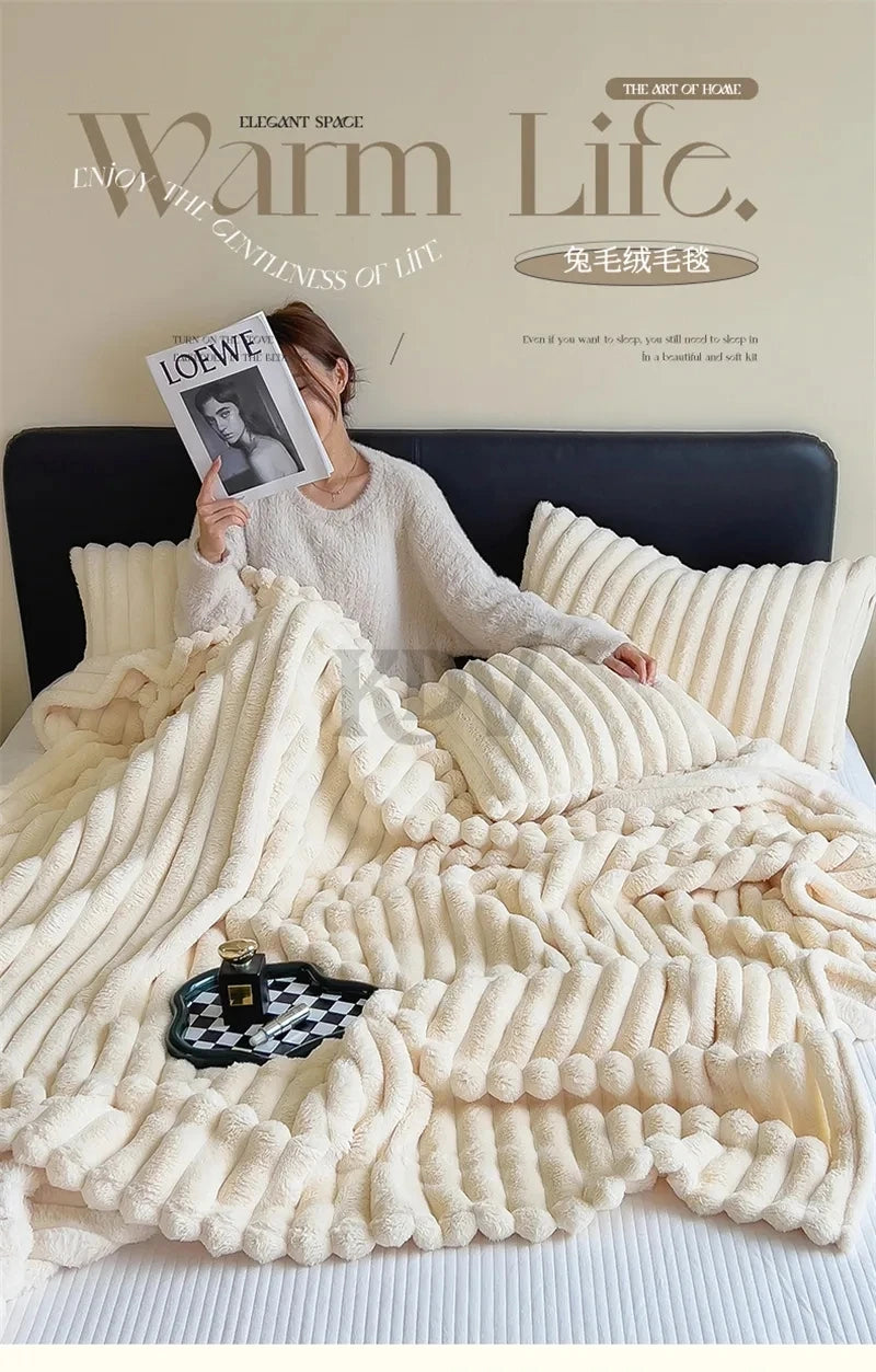 Luxury Faux Rabbit Fur Throw Blanket Solid Color Plush