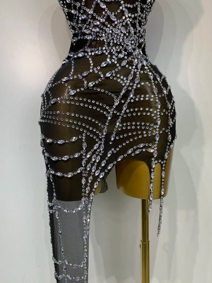 Black Mesh Crystal Diamond Bodycon Dress for Women