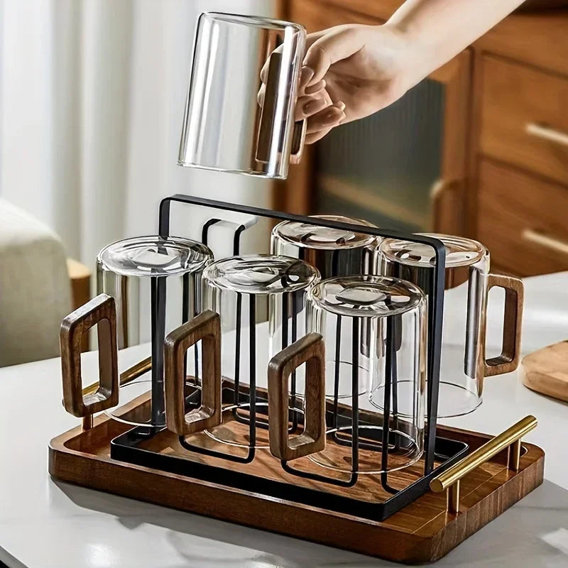 400ml Glass Cups with Walnut Handle for Tea